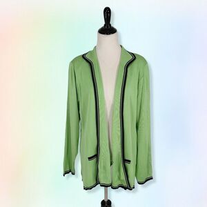 EXCLUSIVELY MISOOK Open Front green Cardigan‎ Jacket Size L Black Trim